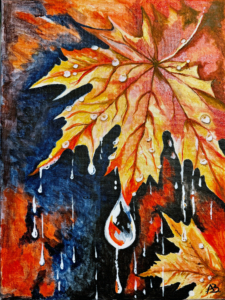 Foglia autunnale bagnata con gocce d'acqua su sfondo scuro astratto.