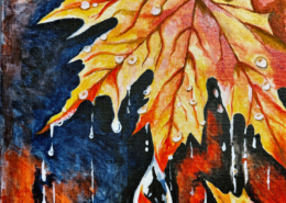 Foglia autunnale bagnata con gocce d'acqua su sfondo scuro astratto.