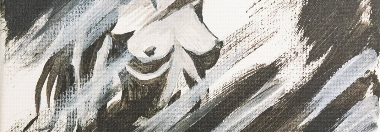 Pittura astratta in bianco e nero: torso femminile tra pennellate diagonali.