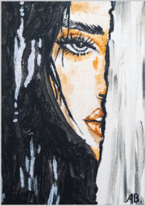 Curiosità Primo piano dipinto di volto femminile. Sguardo intenso.