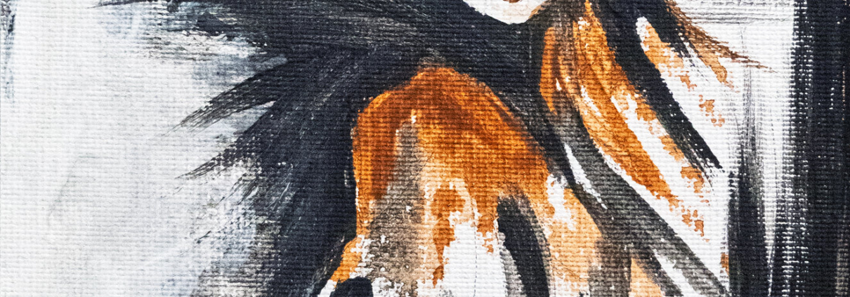 Pittura astratta di donna con cappello a tese larghe, ocra.