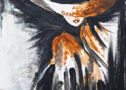 Pittura astratta di donna con cappello a tese larghe, ocra.