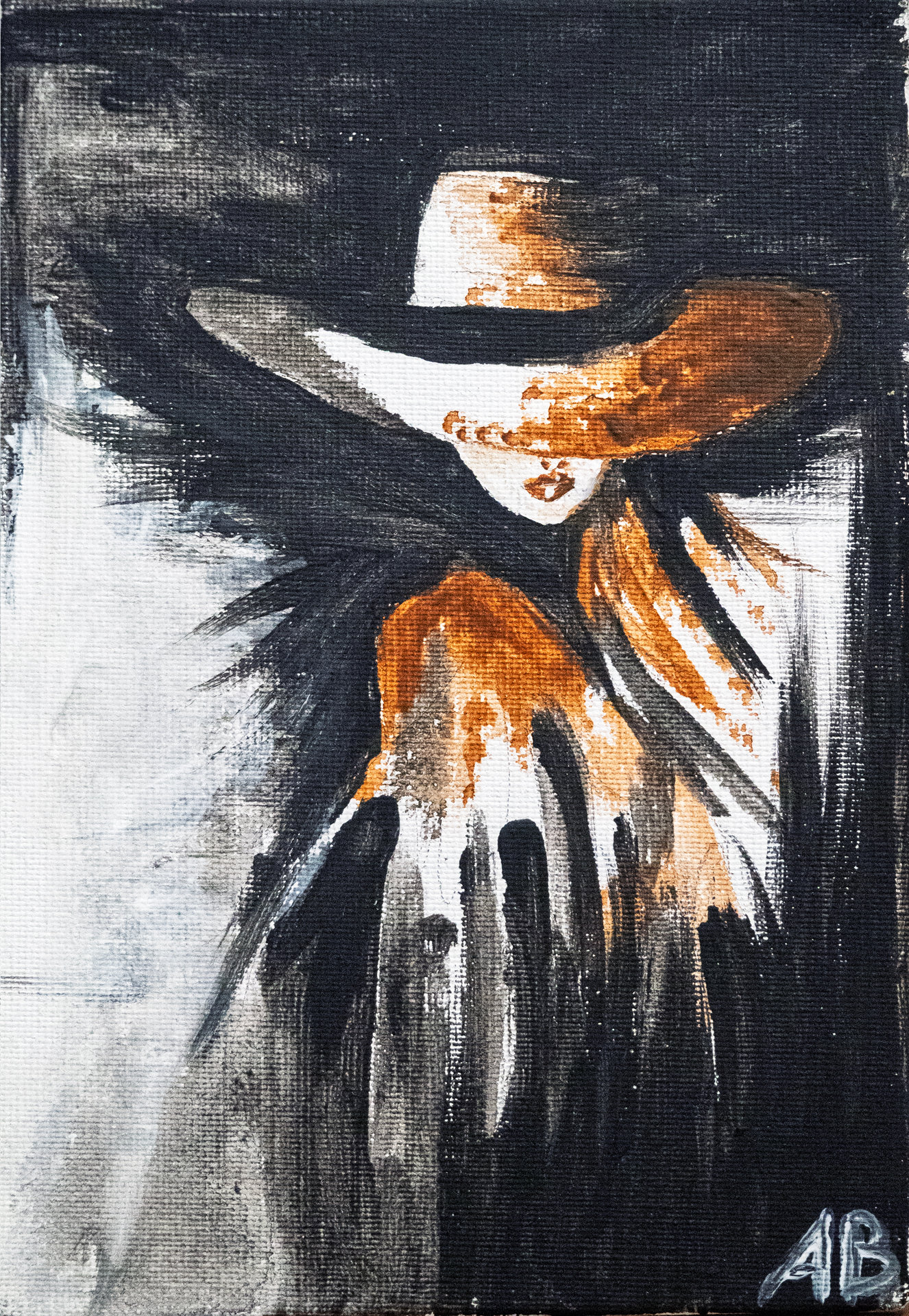 L'eclissi piumata Pittura astratta di donna con cappello a tese larghe, ocra.