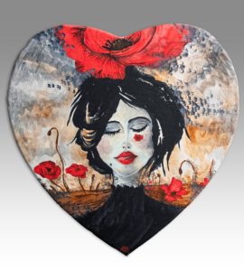 La regina dei papaveri Dipinto a forma di cuore: donna con papavero tra i capelli.