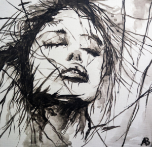 Frammenti di luce interiore Ritratto femminile stilizzato in bianco e nero con pennellate dinamiche.