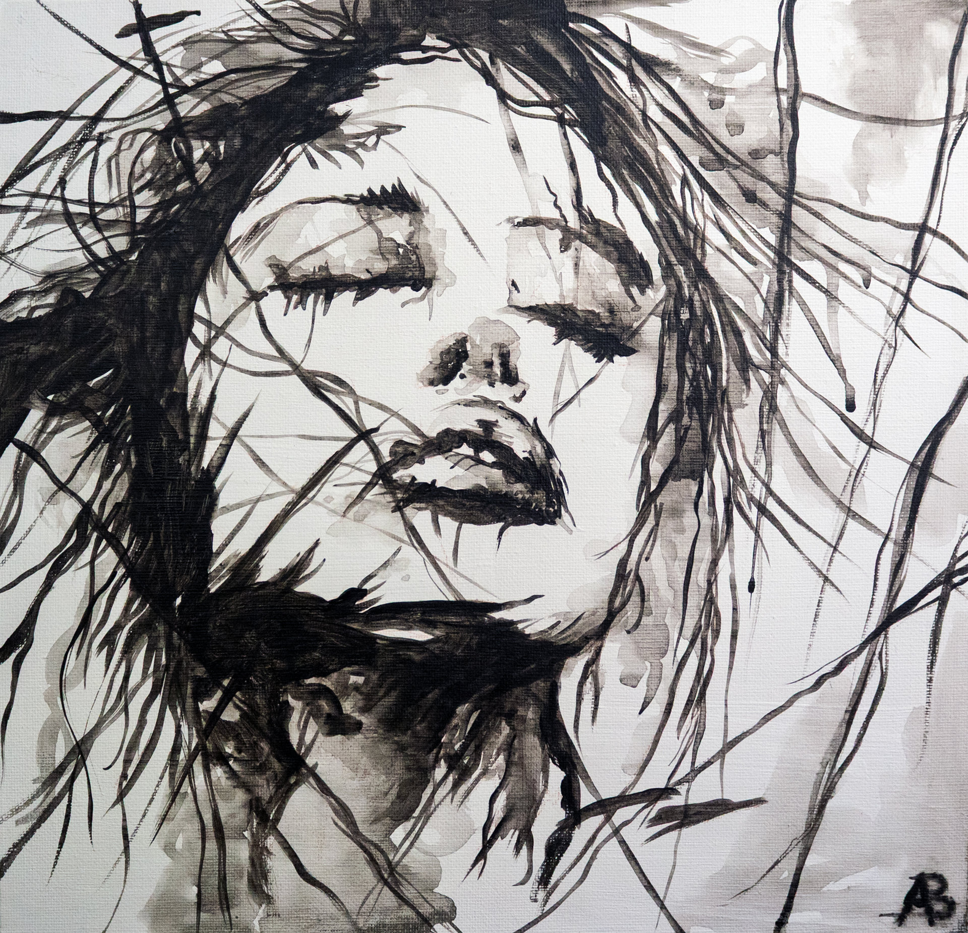 Frammenti di luce interiore Ritratto femminile stilizzato in bianco e nero con pennellate dinamiche.