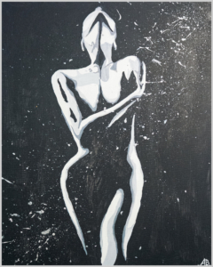 Figura femminile stilizzata in bianco e nero che si abbraccia.