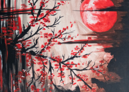 Albero in fiore rosso sotto una grande luna rossa cupa.