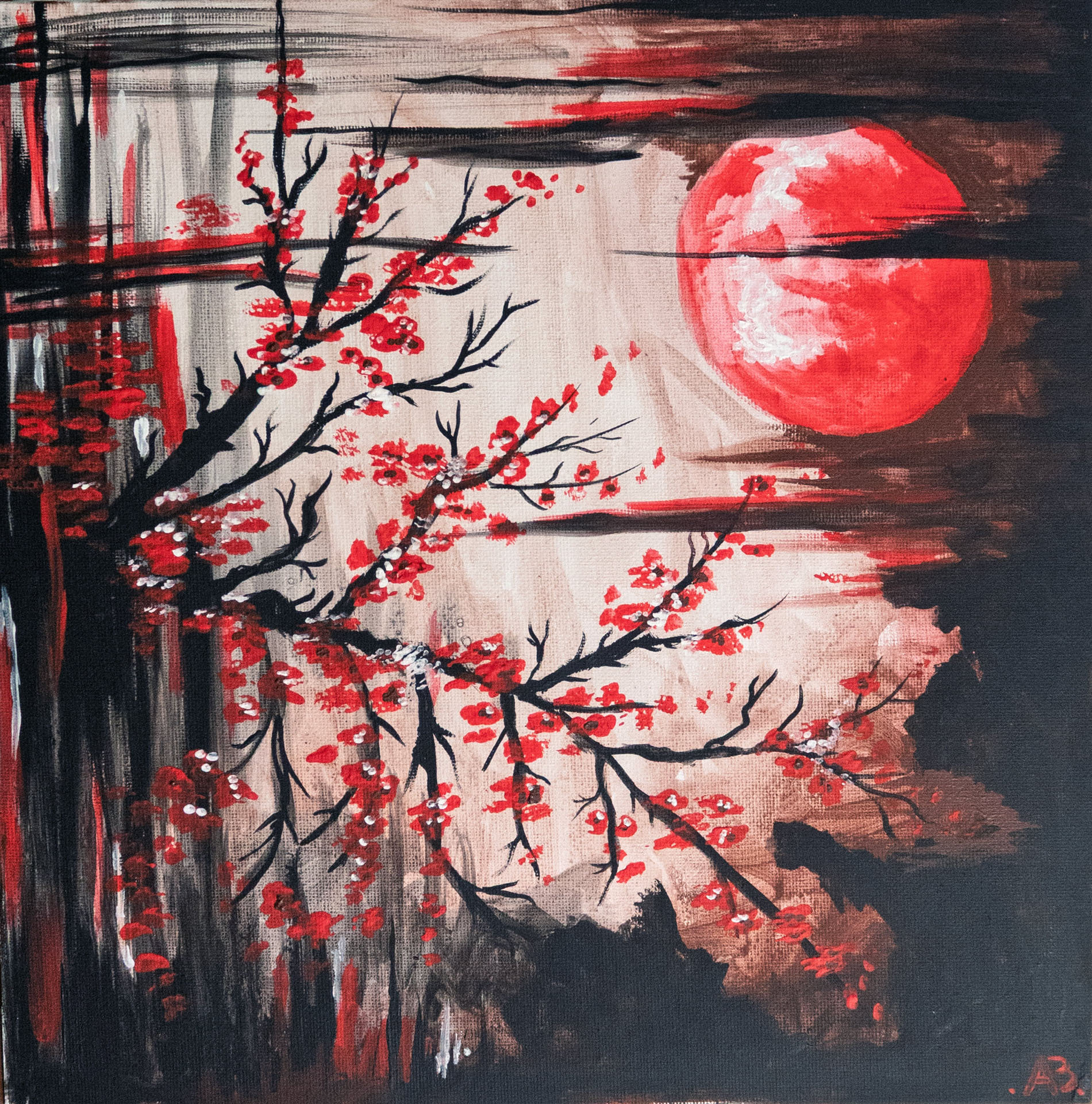 L'eternità in fiore Albero in fiore rosso sotto una grande luna rossa cupa.