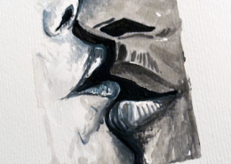 Primo piano pittorico di labbra grigie che si sfiorano.