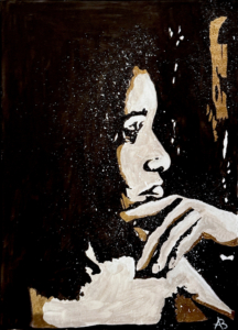 Riflesso d'oro Ritratto stilizzato in bianco, nero e oro di donna pensierosa.