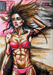 Dipinto espressionista di donna muscolosa in bikini su sfondo urbano.