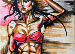 Dipinto espressionista di donna muscolosa in bikini su sfondo urbano.
