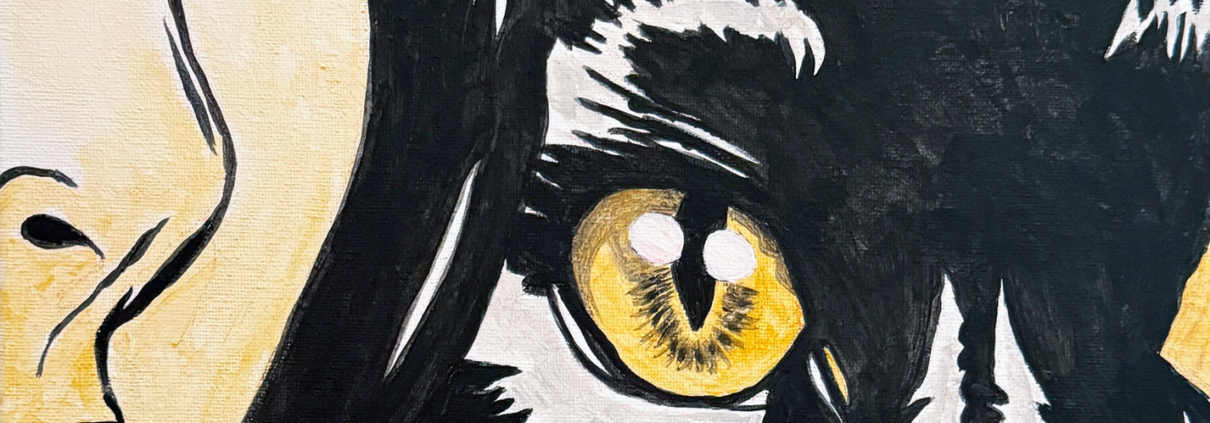 Primo piano pop art: volto di donna e gatto affiancati.