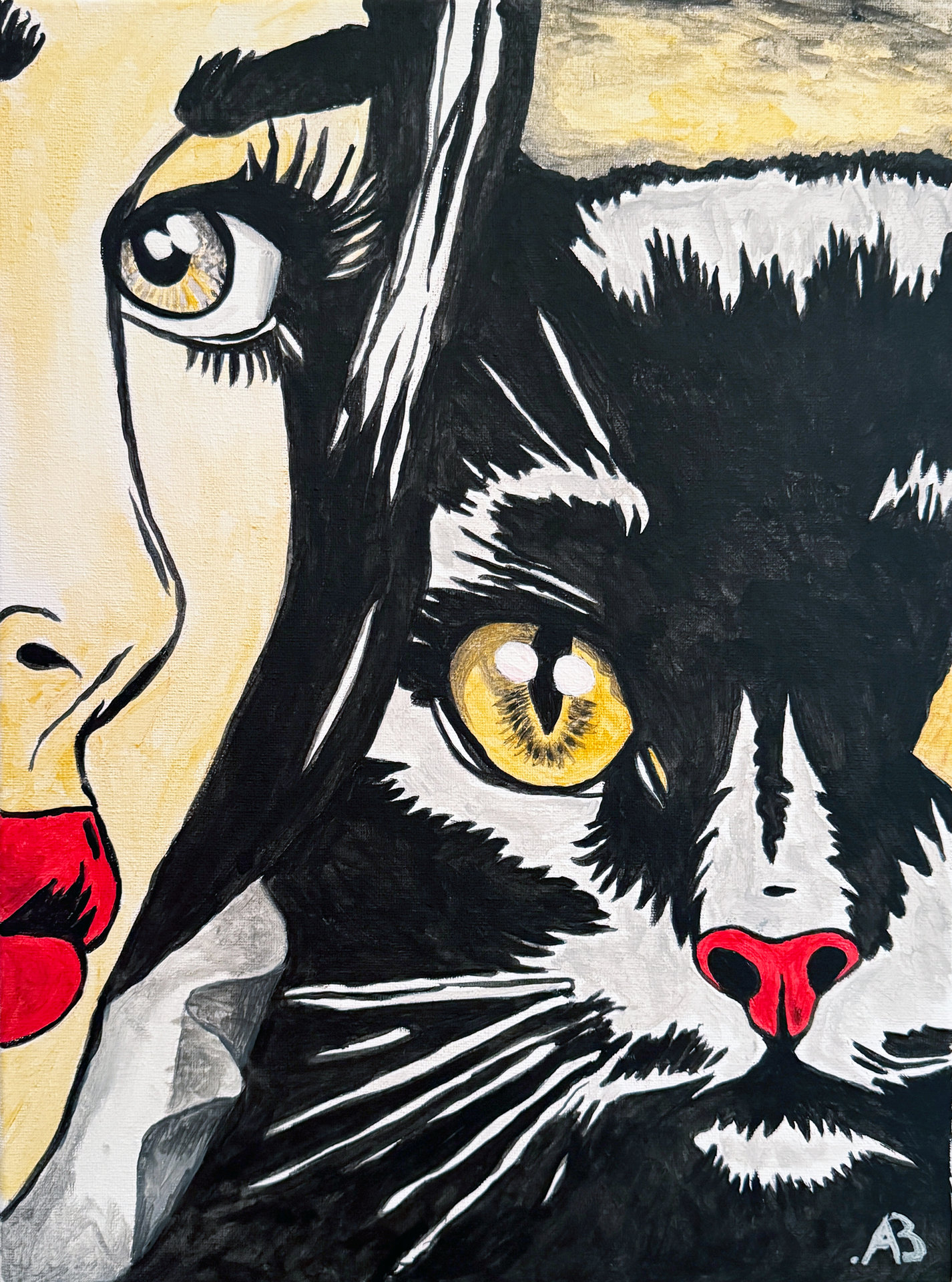 Primo piano pop art: volto di donna e gatto affiancati.