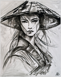 Ritratto in bianco e nero di una guerriera asiatica con cappello.