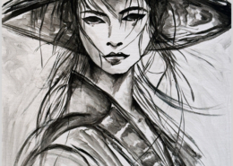 Ritratto in bianco e nero di una guerriera asiatica con cappello.