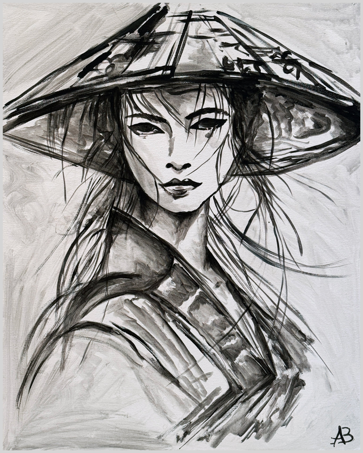 Ritratto in bianco e nero di una guerriera asiatica con cappello.