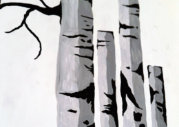 Dipinto acrilico di tronchi di betulla stilizzati in bianco e nero.