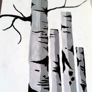 Dipinto acrilico di tronchi di betulla stilizzati in bianco e nero.