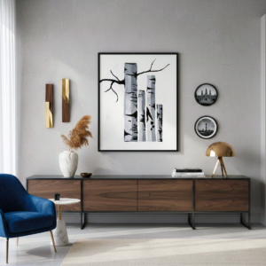 Dipinto acrilico di tronchi di betulla stilizzati in bianco e nero. Qui è mostrato un suggerimento di ambientazione.