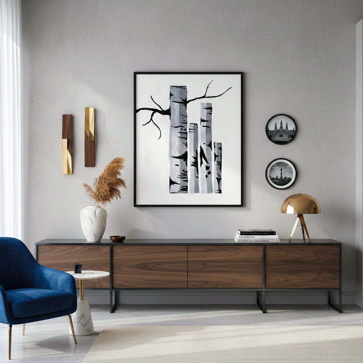 Dipinto acrilico di tronchi di betulla stilizzati in bianco e nero. Qui è mostrato un suggerimento di ambientazione.