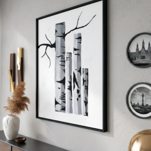 Dipinto acrilico di tronchi di betulla stilizzati in bianco e nero. Qui è mostrato un suggerimento di cornice.