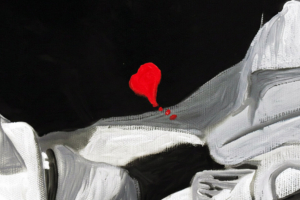 Primo piano artistico in bianco e nero di due volti abbracciati. Qui è mostrato un dettaglio dell'opera.