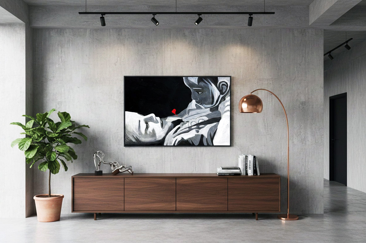 Primo piano artistico in bianco e nero di due volti abbracciati. Qui è mostrato un suggerimento di ambientazione.