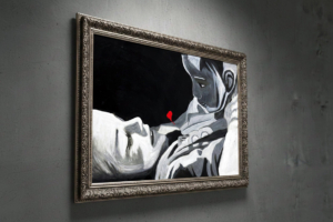 Primo piano artistico in bianco e nero di due volti abbracciati. Qui è mostrato un suggerimento di cornice.