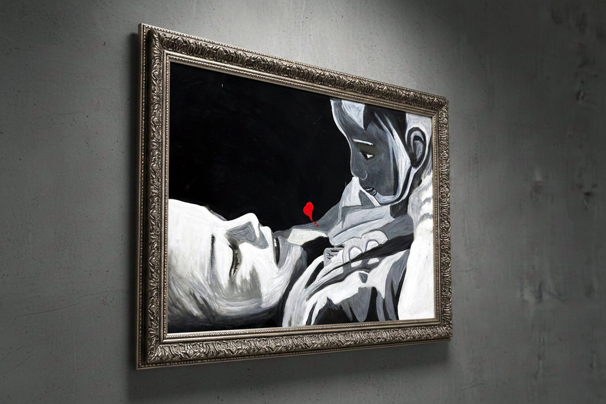 Primo piano artistico in bianco e nero di due volti abbracciati. Qui è mostrato un suggerimento di cornice.