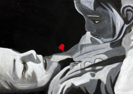 Primo piano artistico in bianco e nero di due volti abbracciati.