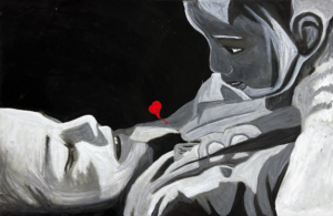 Primo piano artistico in bianco e nero di due volti abbracciati.