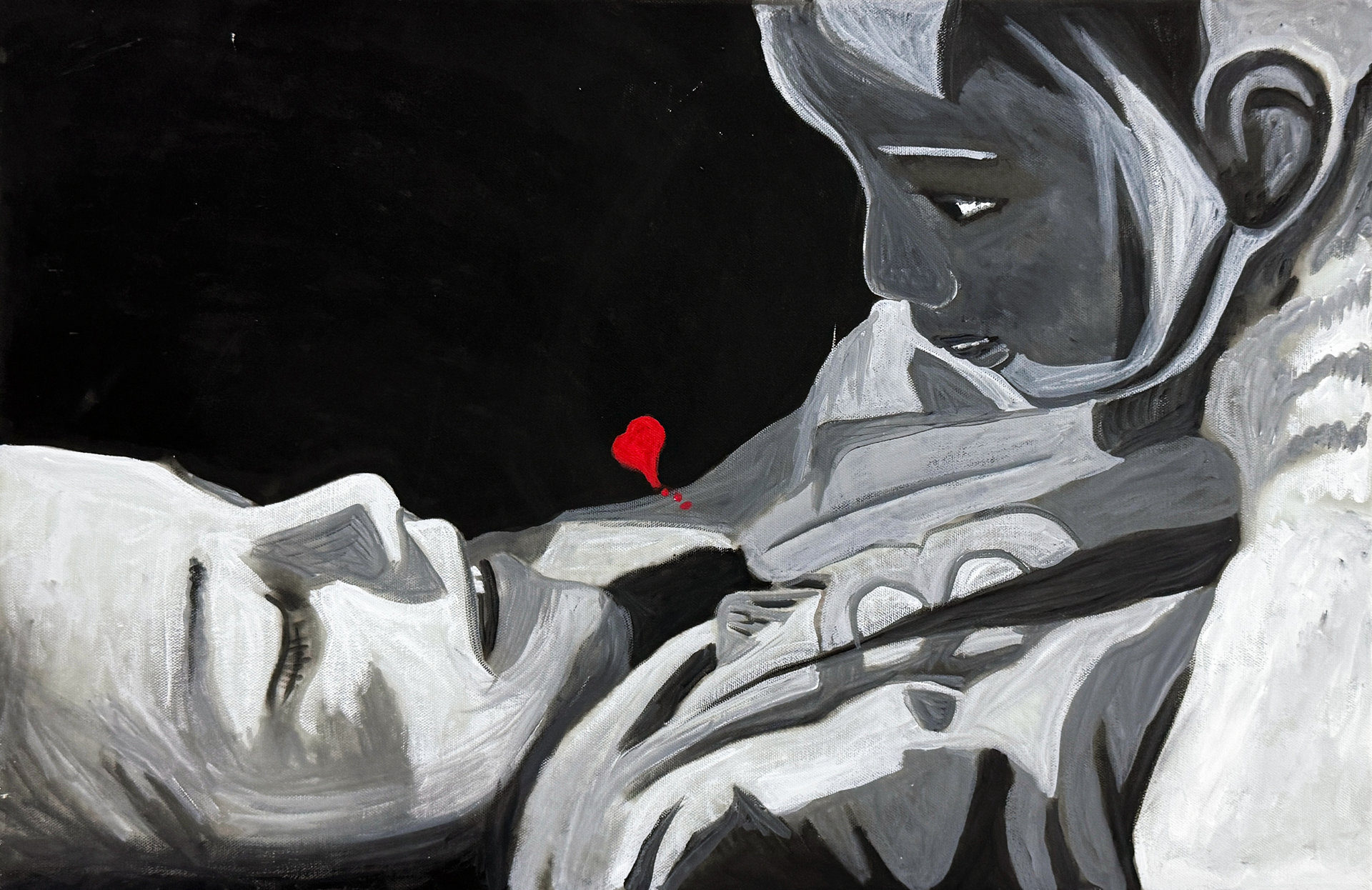 Primo piano artistico in bianco e nero di due volti abbracciati.