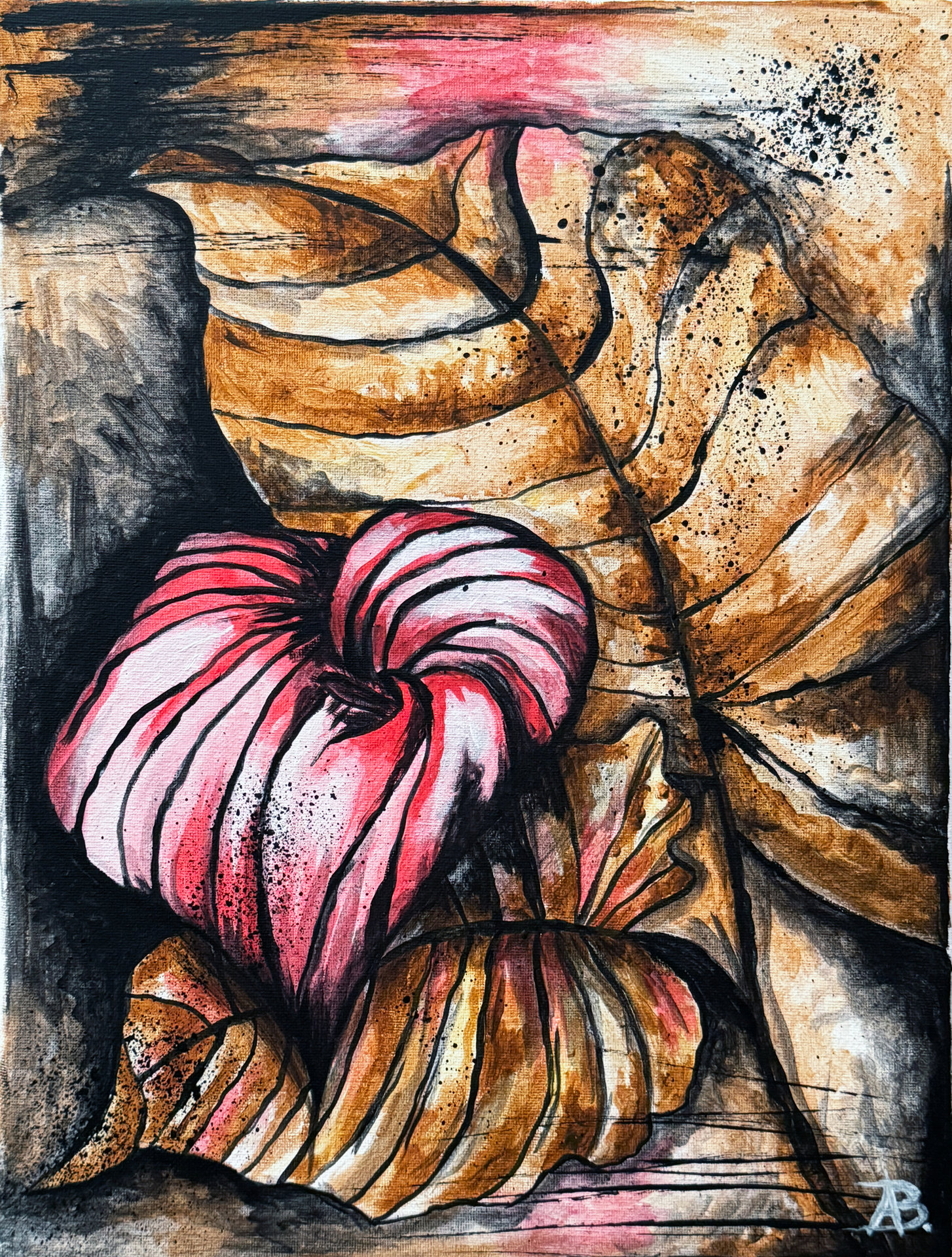 Foglie autunnali brune circondano una foglia centrale rosso vivace striata.