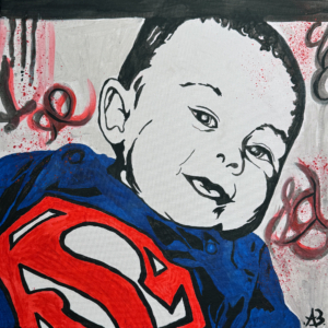 L'oltre negli occhi Illustrazione stile fumetto di un bambino sorridente con maglia di Superman.