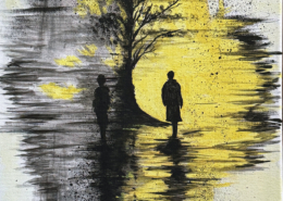 Silhouette nera riflessa su sfondo giallo e grigio, stile astratto.