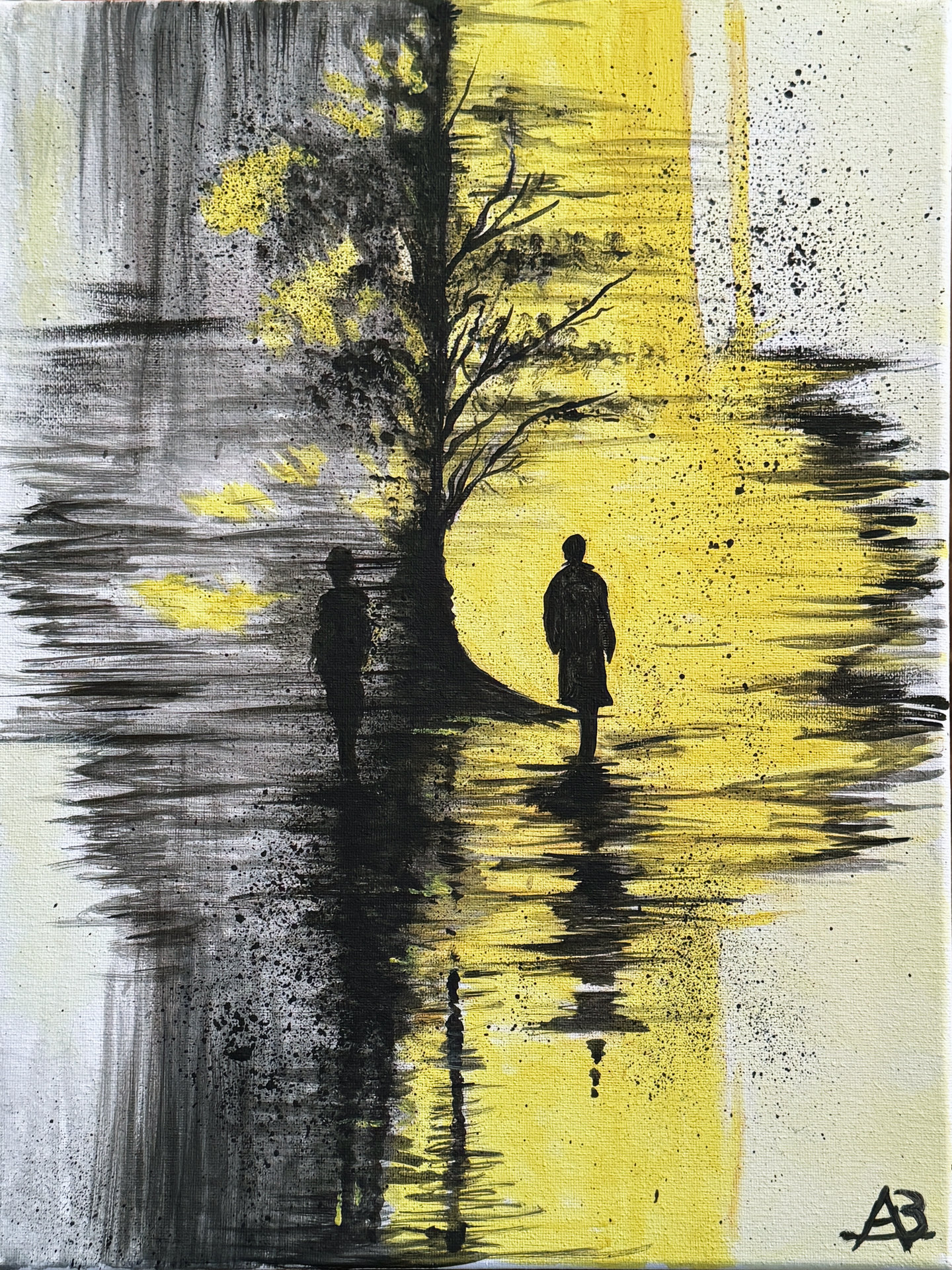 Silhouette nera riflessa su sfondo giallo e grigio, stile astratto.