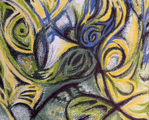 Forza e Natura: l’energia della vita spontanea Astratto realizzato con pastelli ad olio, caratterizzato da forme organiche e vorticose.