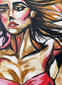 Dipinto espressionista di donna muscolosa in bikini su sfondo urbano. Qui è mostrato un dettaglio dell'opera.