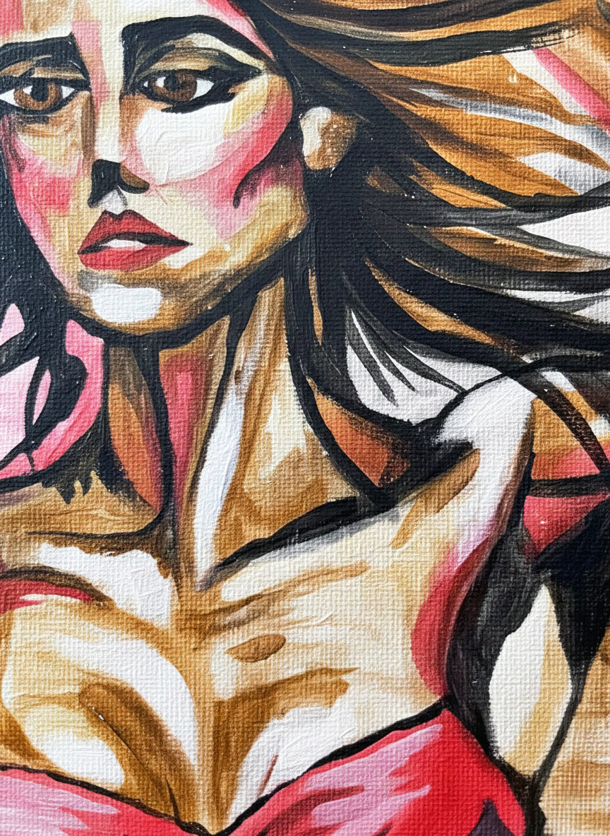 Dipinto espressionista di donna muscolosa in bikini su sfondo urbano. Qui è mostrato un dettaglio dell'opera.