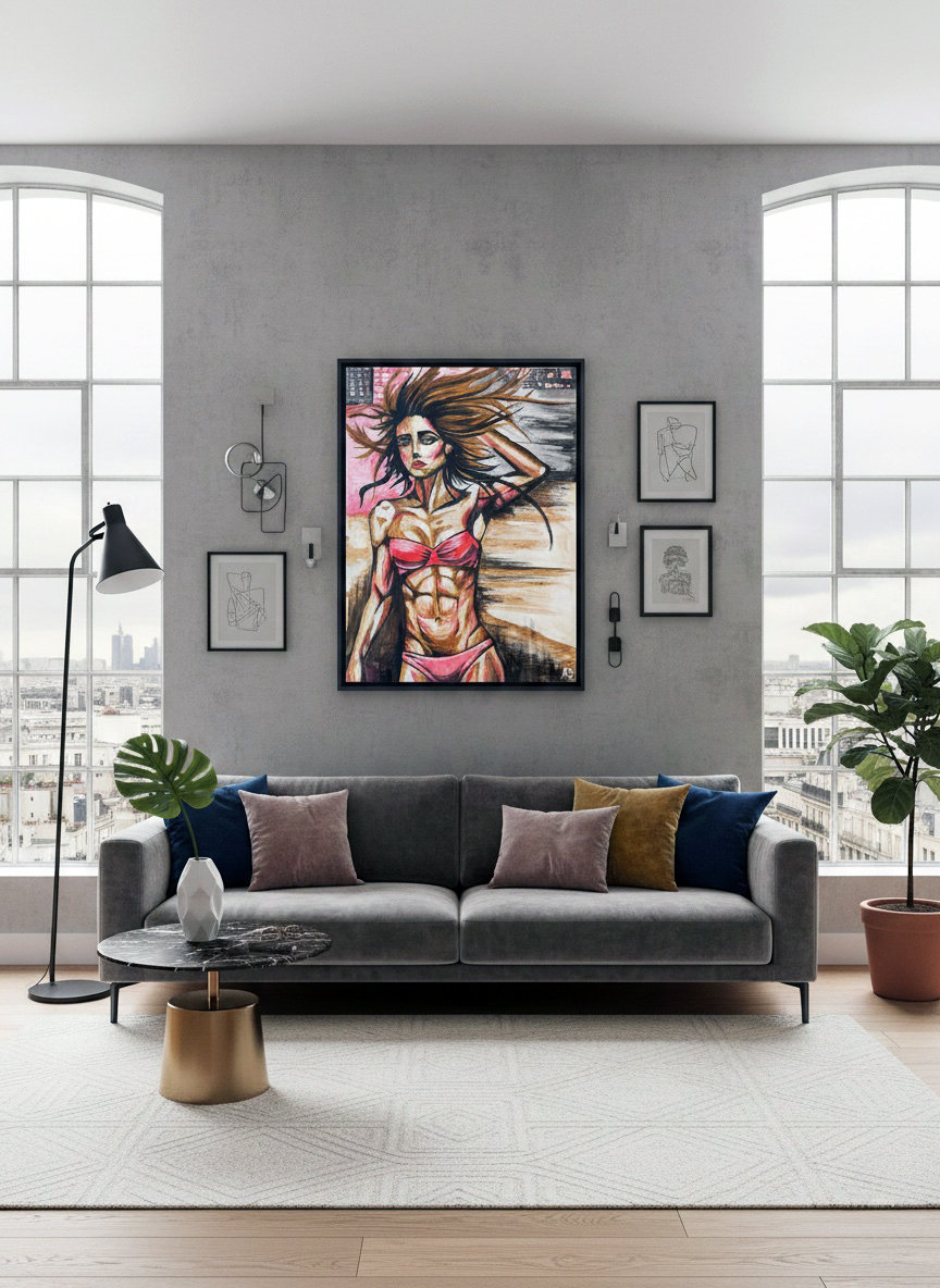 Dipinto espressionista di donna muscolosa in bikini su sfondo urbano. Qui è mostrato un suggerimento di ambientazione.