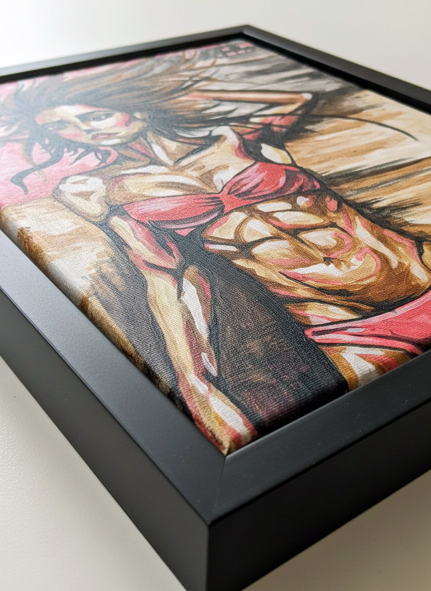 Dipinto espressionista di donna muscolosa in bikini su sfondo urbano. Qui è mostrato un suggerimento di cornice.