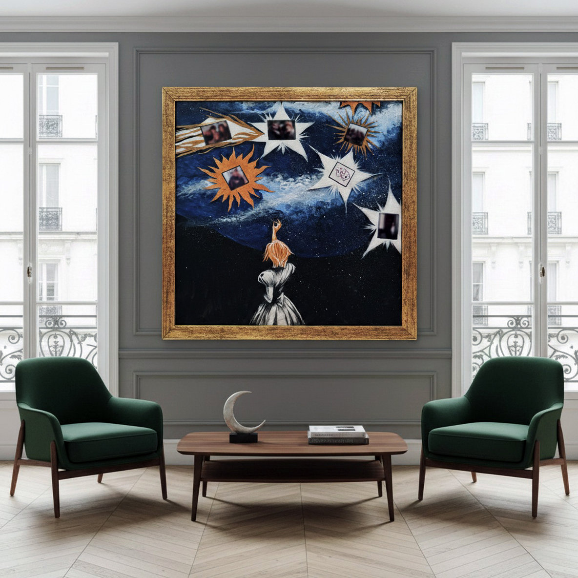 Cia delle stelle: suggerimento ambientazione Donna osserva cielo stellato con foto incastonate tra astri dorati. Qui è mostrato un suggerimento di ambientazione.