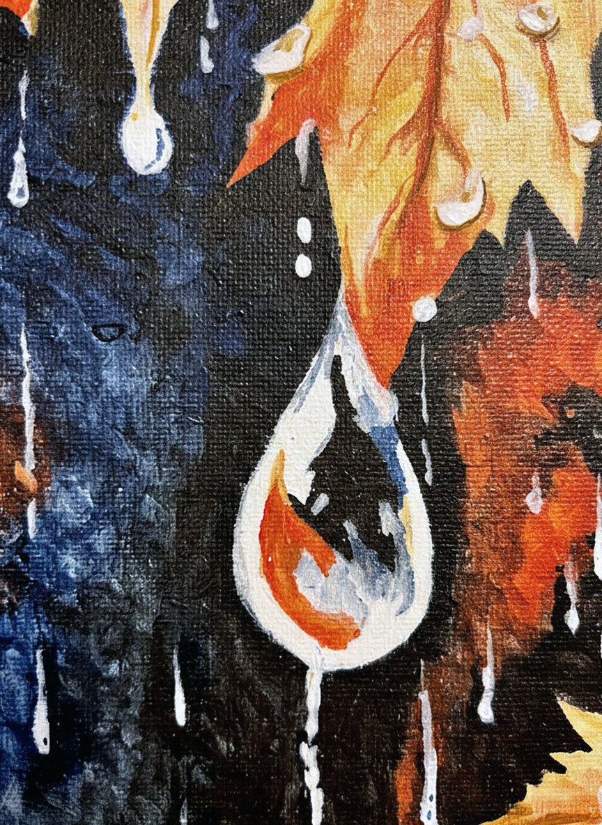 Foglia autunnale bagnata con gocce d'acqua su sfondo scuro astratto. Qui è mostrato un dettaglio dell'opera.