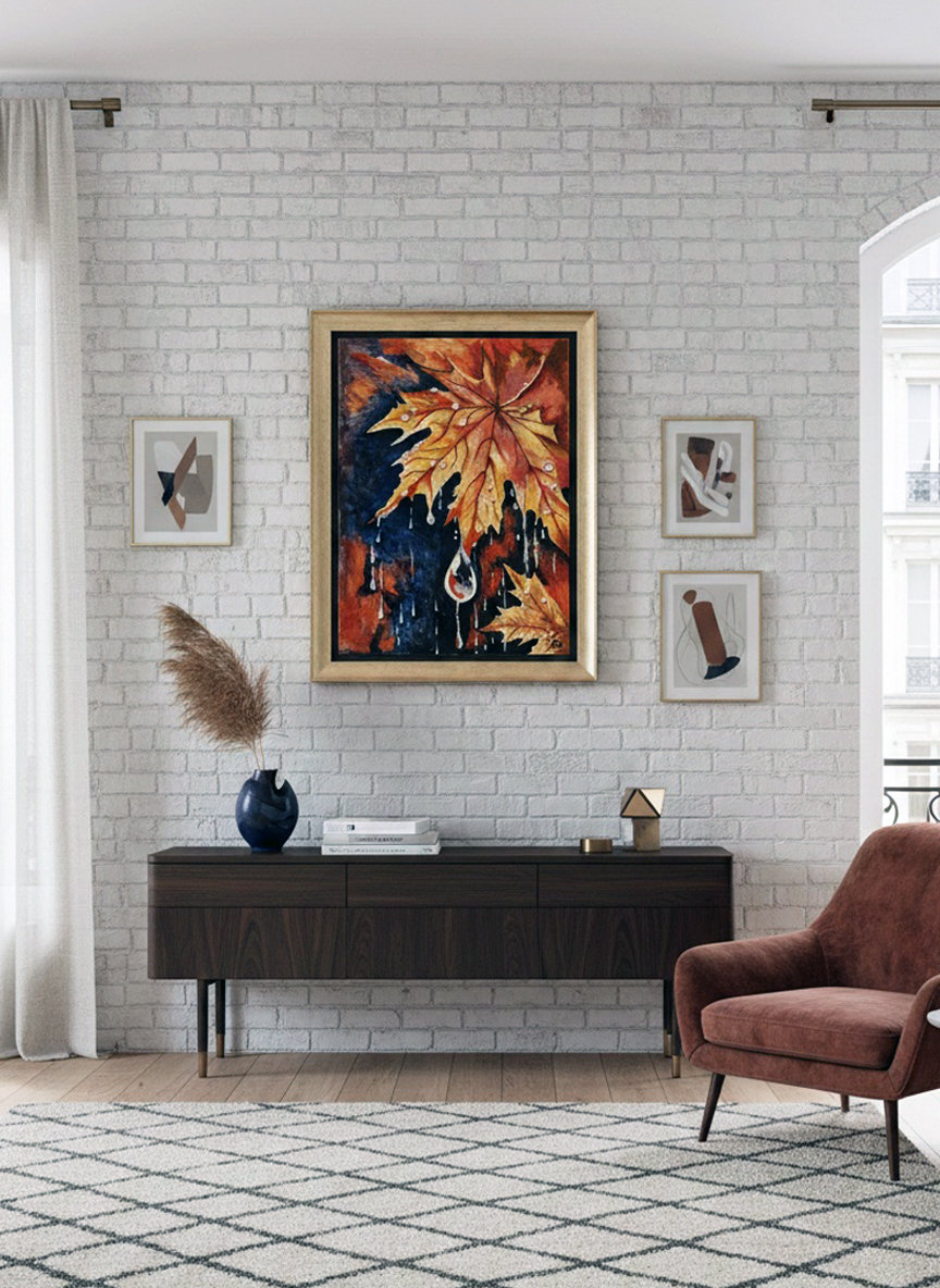 Foglia autunnale bagnata con gocce d'acqua su sfondo scuro astratto. Qui è mostrato un suggerimento di ambientazione.