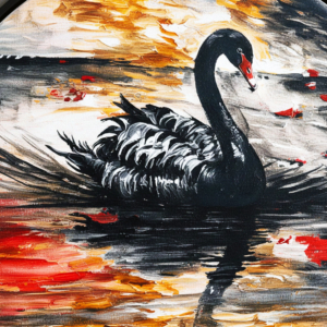 Rinascita: dettaglio Cigno nero che nuota in acque dai riflessi rossi e dorati. Qui è mostrato un dettaglio dell'opera.