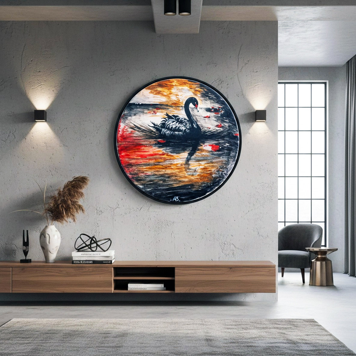 Rinascita: Suggerimento ambientazione Cigno nero che nuota in acque dai riflessi rossi e dorati. Qui è mostrato un suggerimento di ambientazione.