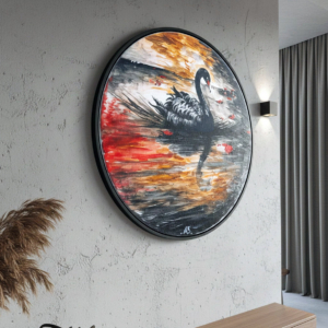 Rinascita: Suggerimento cornice Cigno nero che nuota in acque dai riflessi rossi e dorati. Qui è mostrato un suggerimento di cornice.