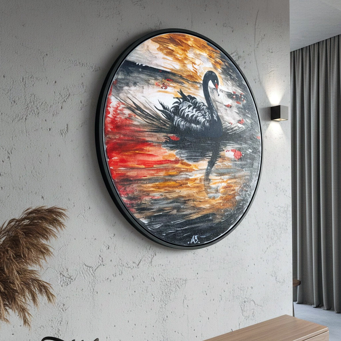 Rinascita: Suggerimento cornice Cigno nero che nuota in acque dai riflessi rossi e dorati. Qui è mostrato un suggerimento di cornice.